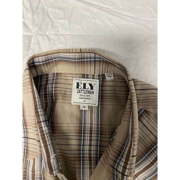 Ely Cattleman Western Snap Shirt XL Plaid Tan Brown Long Sleeve - Picture 3 of 9
